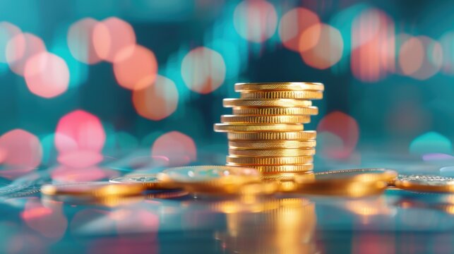 A symbolic representation of financial concepts and savings, with a golden coin stack growing upwards against a blurred background of financial charts and graphs. Ideal for conveying themes of wealth