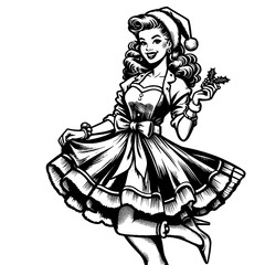Mrs Claus pin-up girl dressed in festive attire, Santa hat and holding holly sketch engraving generative ai fictional character PNG illustration. Scratch board imitation. Black and white image.