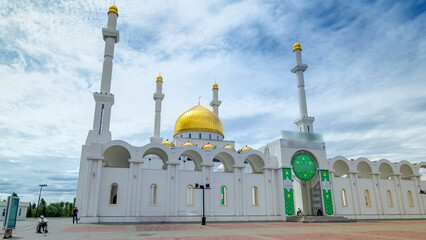 Exterior of the Nur Astana mosque timelapse hyperlapse in Astana, Kazakhstan.