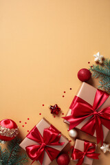 Christmas vertical background with luxury gift boxes with red ribbon, red baubles, fir branches, ornaments on beige.