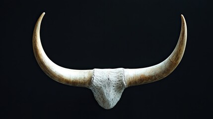 A bull's horns isolated against a plain black background, their shape and texture clearly visible. © sarun