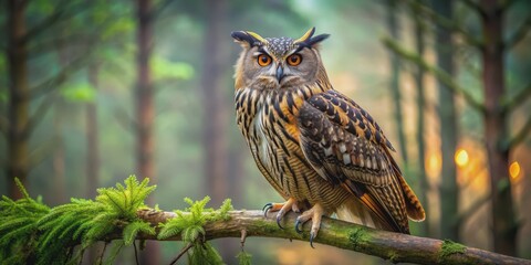 Majestic eagle owl perched on a tree branch in a forest setting, eagle owl, wildlife, bird, predator, feathers, majestic, nocturnal