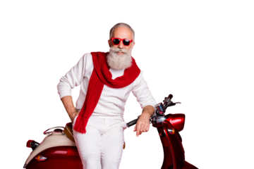 Amazing aged man sitting on retro moped posing like santa wear jumper and trousers isolated red background