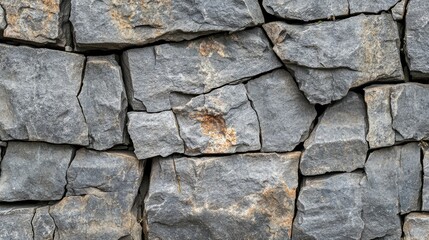 Fototapeta premium Close-up of weathered stone wall texture with natural cracks and uneven surfaces, ideal for rustic designs