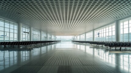 Fototapeta premium A quiet, empty Chinese airport terminal, with no passengers or staff, just the modern architecture and empty seats
