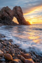 Obraz premium A rocky beach with an arch during sunrise