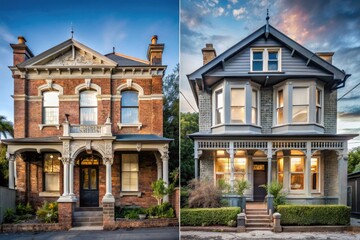 Fototapeta premium Dramatic transformation of a dilapidated Victorian house, from crumbling facade to stunning restored grandeur, showcasing meticulous renovation in split-screen before-and-after comparison.
