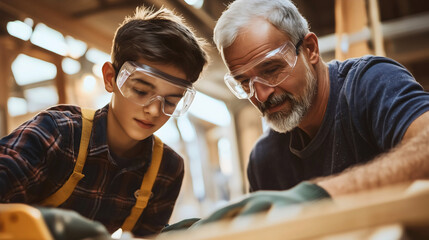 Father dad teaching his teenage son woodwork business, working on a DIY project Carpentry workshop, safety glasses Hand tools Equipment Construction craft Child learning, handyman job Skilled artisan