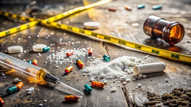 Drug paraphernalia and pills scattered on a dirty floor, surrounded by police tape, highlighting the dangers of drug abuse and the devastating effects of addiction.