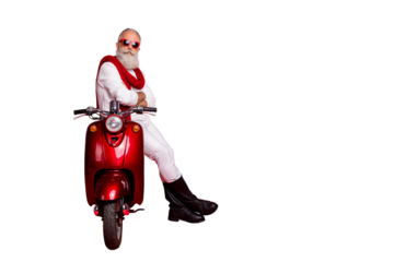 Full size photo of confident retired man with his arms crossed sit on bike wearing white pullover pants trousers boots eyeglasses eyewear isolated over red background