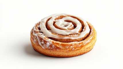 Fototapeta premium A detailed 3D render of a freshly baked cinnamon bun with a swirl of icing on top, isolated on a transparent background