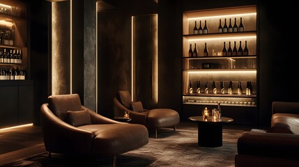 A plush seating area with deep tones and a selection of fine wines
