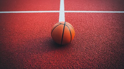 A basketball on the floor. Ball in close-range on the red court. Basketball on an indoor court or the street. athletic equipment in solitude. simplicity. template with a background in sports