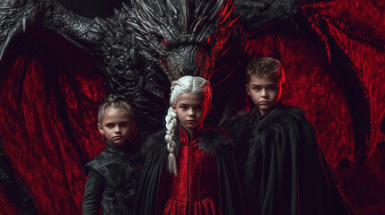 Naklejka premium Children in modern cosplay fantastic fictional movie characters costume for Halloween