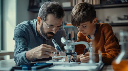 Father helping his teenage son with biology project or school chemistry homework Microscope analyzing Science experiment Home study Dad teaching child Education research Kid learning Home laboratory