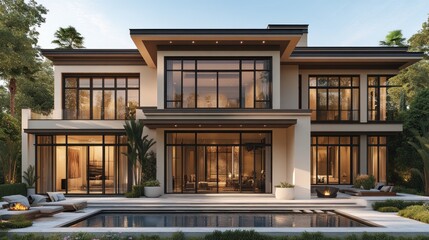 Fototapeta premium Modern luxury home with large windows and a pool.