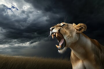 Ferocious lioness roaring against a dark cloudy sky