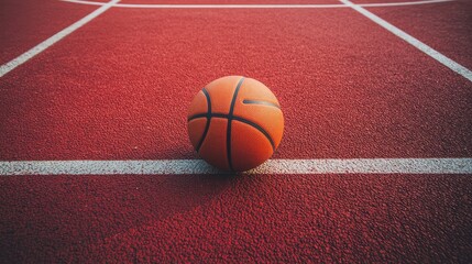 A basketball on the floor. Ball in close-range on the red court. Basketball on an indoor court or the street. athletic equipment in solitude. simplicity. template with a background in sports