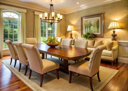 Elegant formal dining room features a sturdy wood table, upholstered chairs, and a curved-back bench, surrounded by creamy walls and warm ambient lighting.
