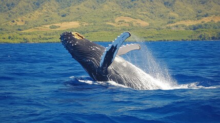Obraz premium A humpback whale breaches the ocean surface, creating a splash against a scenic backdrop.