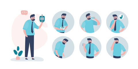 Fototapeta premium Man holds blood glucose monitor. The symptoms of diabetes, infographics template. Sick male character. Flat design for medical journal or brochure. health care concept.