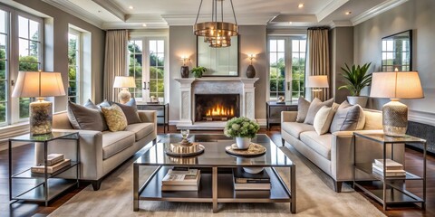 Elegant living room with symmetrical balance, featuring mirrored coffee tables, identical lamps, and a centered fireplace, exuding harmony and sophistication in a modern home.