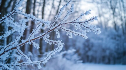 Frost-covered branches with a backdrop of a snowy forest, capturing the essence of winter chill