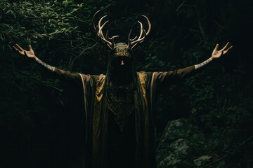 Person with antlers, mystical attire in dark forest, enthralled.