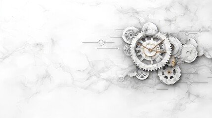 Fototapeta premium A close-up of intricate clock gears on a marble background, symbolizing the passage of time and mechanical ingenuity.