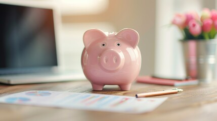 A close-up of a piggy bank and retirement savings plan documents on a wooden table, emphasizing financial concepts and saving for the future.