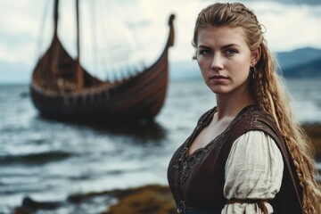 Viking woman stands by the sea with a longship