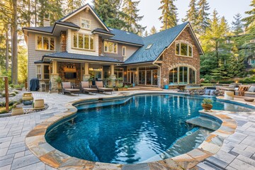 Luxury suburban estate with large backyard, pool, patio area, and stone accents in upscale home for sale in P Detainia, Washington.
