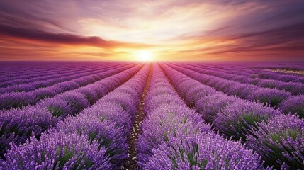 Lavender field in full bloom at sunset, with rows of purple flowers leading toward the horizon