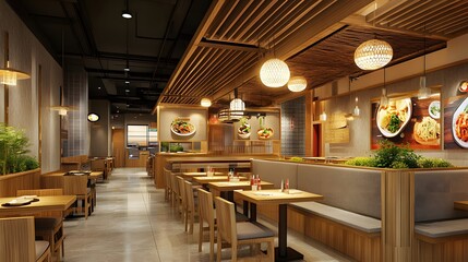 A modern restaurant interior with 3D-rendered noodle bowls featuring international flavors