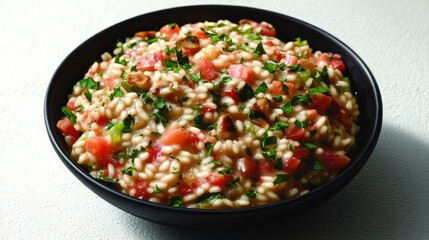 Delicious risotto featuring tomatoes and fresh herbs, invitingly served and garnished