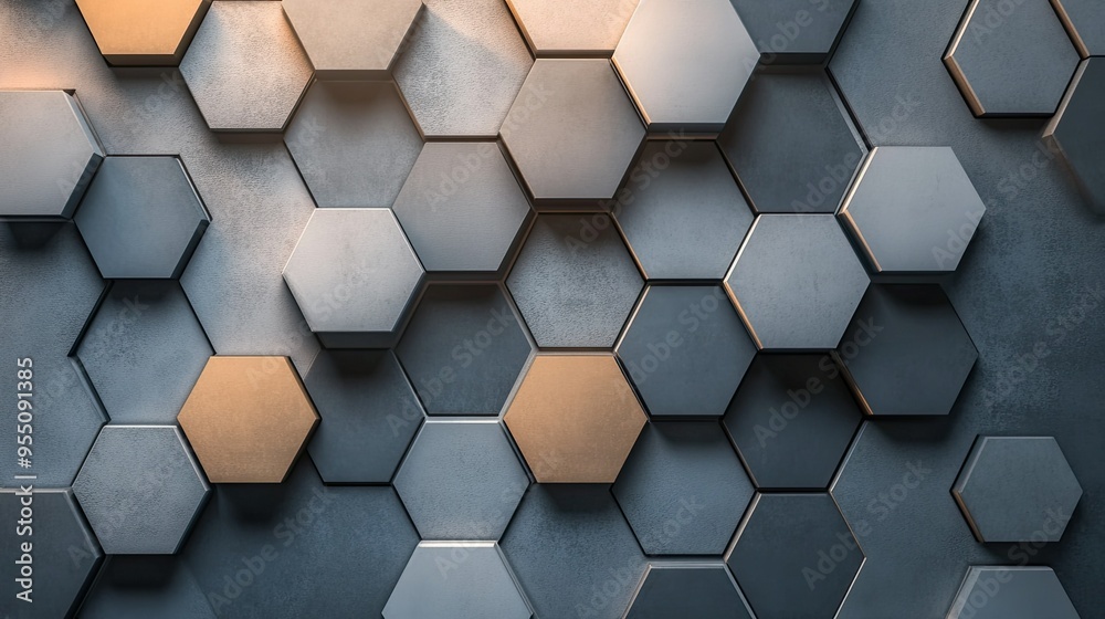 Poster modern hexagonal tile pattern with smooth gradients and soft shadows, offering a stylish and sophist