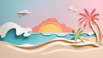 Obraz premium Papercut summer background with palm trees and sea