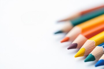 Fototapeta premium Vibrant colored pencils neatly arranged on a white background, perfect for artistic, educational, or creative themes.