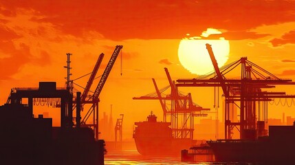Obraz premium A shipyard at sunset, with cranes silhouetted against the orange sky and containers stacked high.