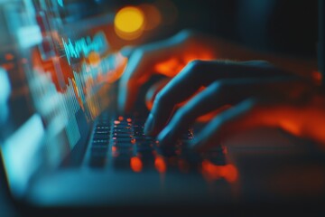 Woman with laptop working at office with digital diagram, personal data, financial graph interfaces, and computer network technology icons