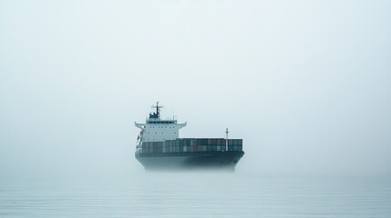 A cargo ship sailing through a misty morning, with its silhouette barely visible against the grey sky.