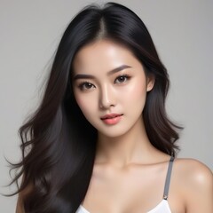 Naklejka premium Attractive Girl with Long Hair and Bright Eyes