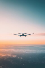 A tiny plane flying high above the horizon, with the vast sky around it stretching out in soft gradients.