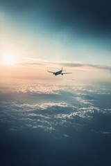 Fototapeta premium A tiny plane flying high above the horizon, with the vast sky around it stretching out in soft gradients.