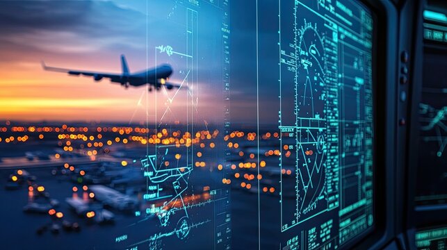 Close-up of air traffic control screen showing flight paths and radar signals, with a professional controller and busy airport in the background
