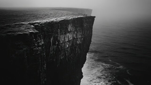 Classic black and white photo of a rugged cliff edge with the dark void of the background revealing nature raw power
