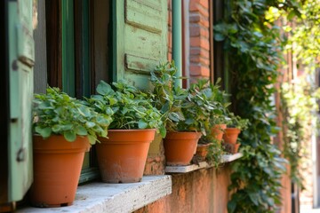 Potted Plants on a Windowsill with Green Shutters