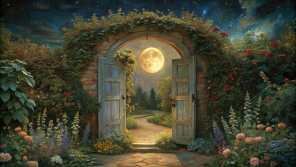 Obraz premium Moonlit Garden Gateway with Open Doors