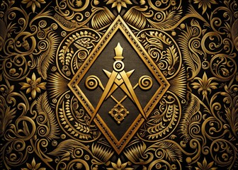 Golden square and compasses on a richly textured black velvet background, surrounded by intricate ornaments and symbols of ancient fraternal tradition.