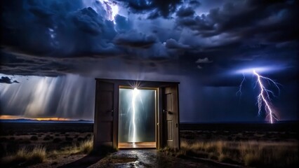 Obraz premium Open Doorway Revealing Lightning Storm During Sunset